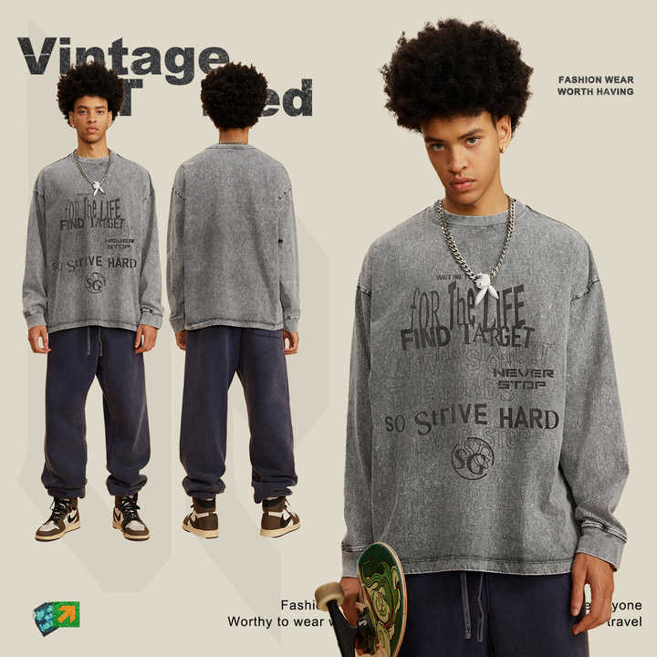270G 100% Cotton Custom Logo Washed Printed Shirt Loose Casual Top Round Neck Long Sleeve Letter Round Neck  Plain T-shirt