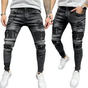 Calça jeans masculina de algodão, elástica, reta, azul, regular/slim, estampada, jeans