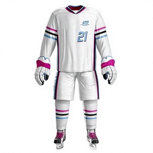 Uniforme de hockey sur glace LM pour hommes, blanc, rose, bleu, à rayures, impression par sublimation, respirant, 100 % polyester, fusion sans couture par détection de pointes - Product Image 2