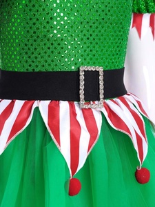 Costume d'elfe de Noël pour filles de 2 à 16 ans, robe à paillettes avec capuche d'elfe, manches bouffantes, ceinture pour fête de Noël, spectacle sur scène - Product Image 4