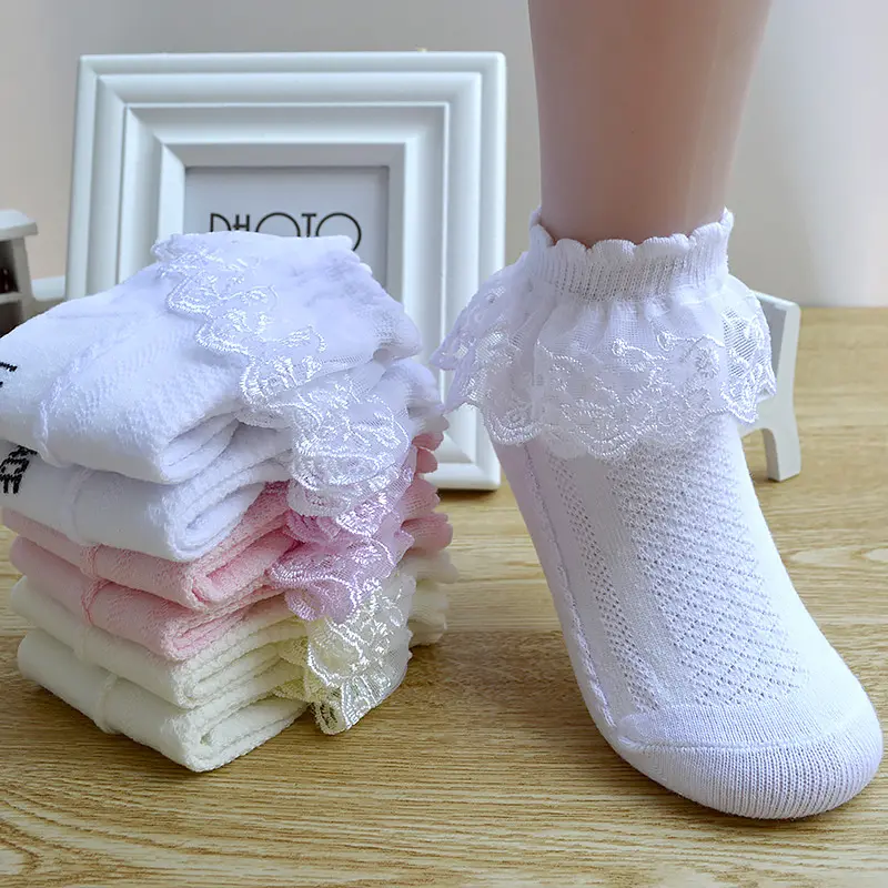 Sifot Wholesale Breathable Summer Cotton Ruffle Frilly Princess Socks Solid Newborn Anti-slip Fancy Lace Ankle Socks for Baby
