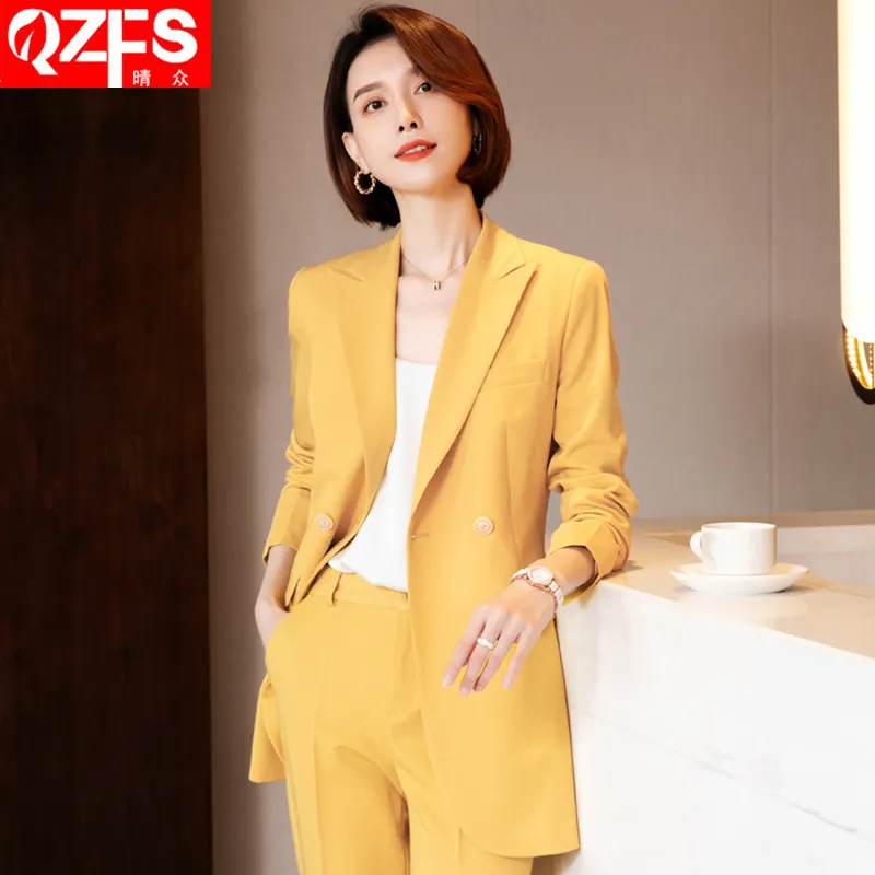 Yellow Suit Formal Wear Professional Work Clothes Ladies Office Suits 2022 New Mid-length Temperament Fashion Autumn Female Midi