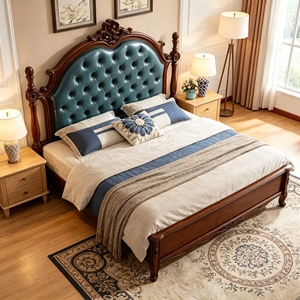 Traditional Queen Size Wooden Bed with Blue Tufted Faux Leather Upholstery and Carved Frame - Product Image 2