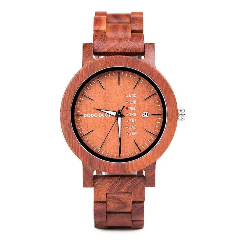 Custom Logo Merk Luxe Natuurlijke Rode Sandelhout Horloge Kalender Week Weergave Creatieve Mannen Houten Horloge