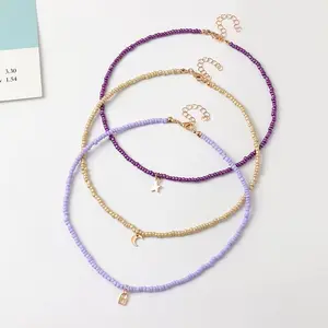 Wholesale moon and star pendant necklace chain candy color rice bead necklace fashion necklace sets for girls