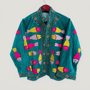 Abrigo de terciopelo con patrón de peces bordado a mano, cuello mandarín, manga larga, talla grande, ropa exterior informal de otoño para mujer - Product Image 1