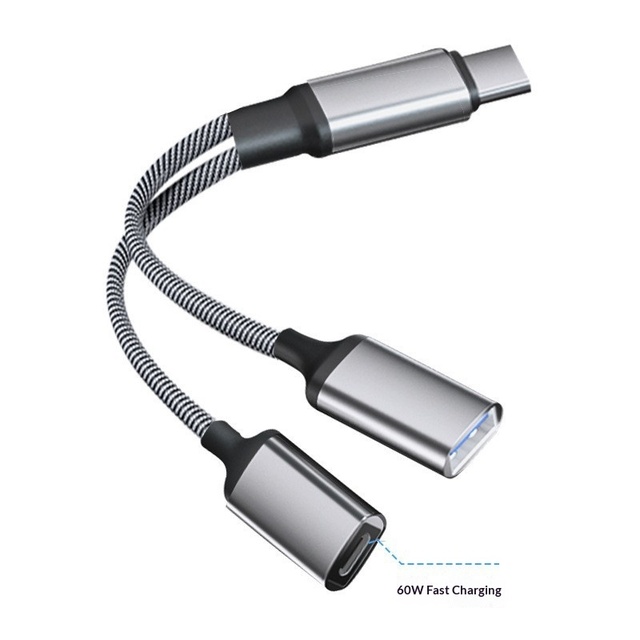 2-in-1 Type-C OTG Adapter PD 60W Pass-Through Charging USB-C to USB-A Female Adapter for Smartphone Tablet Laptop