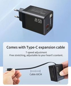 Retractable 65W PD USB C Charger EU US <b>Plug</b> 65W GaN Fast Phone Wall Charger with 60CM Retractable Cable - Product Image 5
