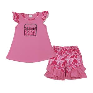Conjunto de Ropa para Niña GSSO3002 RTS Little Active Girl, Color Rosa Intenso con Estampado de Leopardo, Venta al por Mayor, Mangas Voladoras - Product Image 1