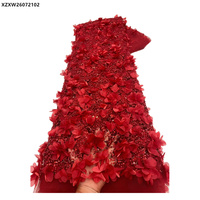 Magnifique tissu en dentelle française brodé de fleurs rouges, avec des paillettes, des perles et des appliques de fleurs 3D, pour robe de mariée