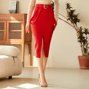 Custom High-Rise A-Line Midi <strong>Skirt</strong> For <strong>Women</strong> Elegant Red Knitwear Manufacturer For Spring Summer Autumn Winter Casual Natural