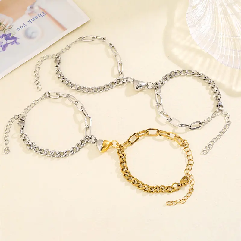 2Pcs/Set Fashion Jewelry Heart Pendant Bracelet Stainless Steel Chain Magnet Lovers Bracelet Bangles Couple Bracelet