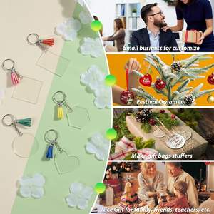 200 יחידות מחזיקי מפתחות אקריליים מודרניים, 5 צורות (דיסק, לב, משושה), צ'ארמס עם גדילים, טבעות קפיצה, ערכת יצירה לחריטה וצביעה - Product Image 3