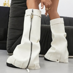 Bottes hautes pour femme, grande taille 48, à bout rond, en cuir verni brillant, style 'Shark' avec fermoir, style cowgirl, à fermeture éclair, semelles épaisses - Product Image 6