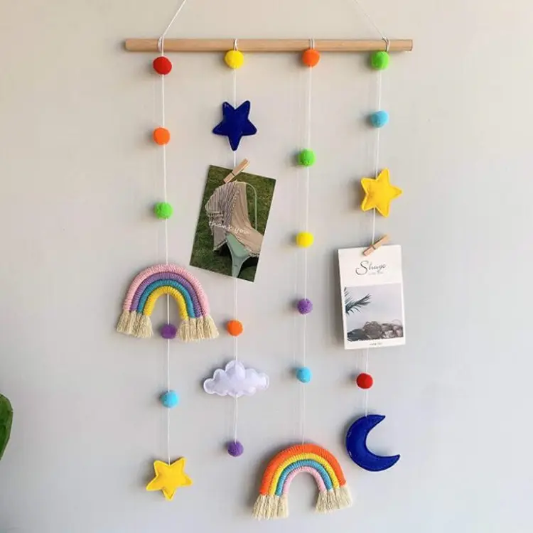 Decorazione della stanza dei bambini macramè appesa a parete pon pon Star foto Display immagine Organizer ornamenti di stoccaggio per bambini camera da letto decorazione