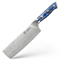 Damascus Nakiri-mes met visgraatpatroon lemmet & handvat van blauw hars met sterrenpatroon, scherp koksmes voor de keuken