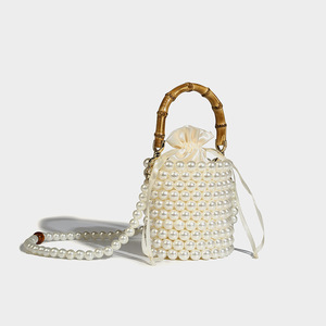 Bolso de cubo con cordón de diseño original para mujer, a la moda, con cadena de perlas, tipo satchel, con cremallera, portátil, de un solo hombro/bandolera, dos colores (Tanjin) - Product Image 1