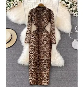 Sexy Leopard Print Standing Neck Women's Long Sleeve Tight Stretch Bodycon Long Dresses