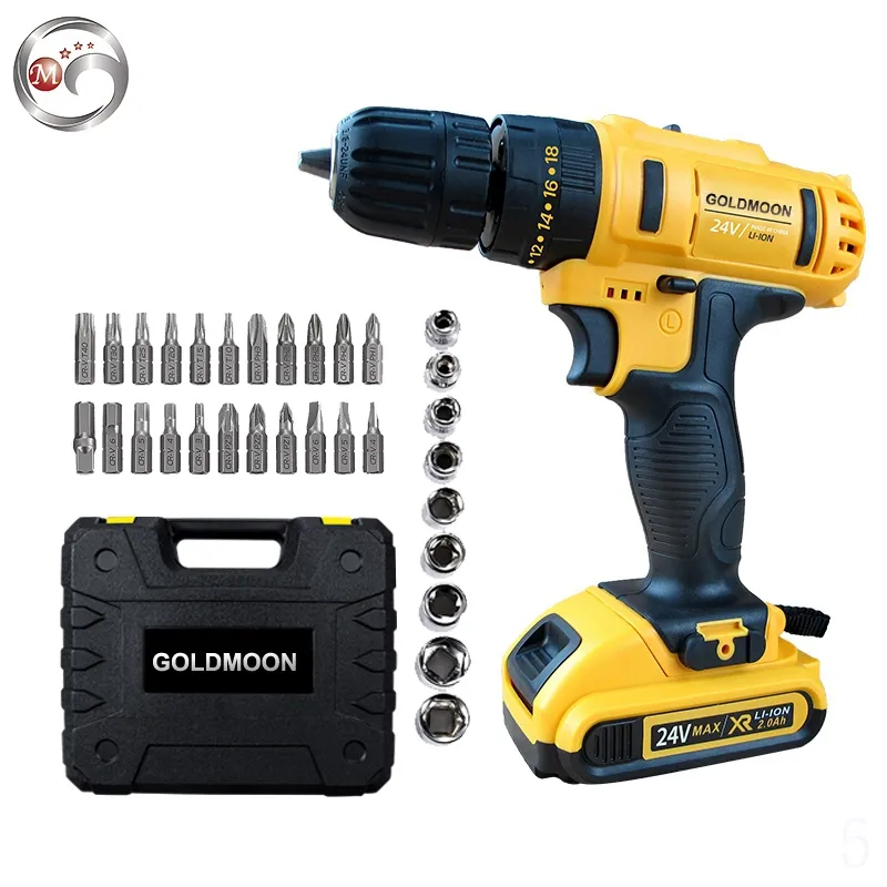 GOLDMOON Portable 12V 24V Cordless Power Drill Machine Drill Set with Battery Powertools Electric Drills