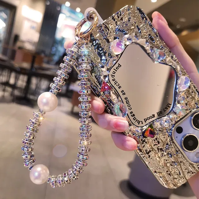 Bracelet Rhinestone Hand Rope Pearl Beads Crystal Ring Hand Wrist Strap Rhinestone Lanyard for iPhone Redmi Huawei Phone Charm