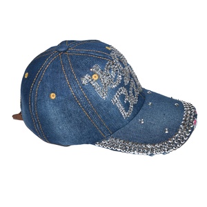 Vegas Babay Sporty 5-Panel Hat Custom Logo Light Denim Jeans Wash Bling <b>Baseball</b> <b>Cap</b> with Rhinestones Common Fabric Feature - Product Image 1