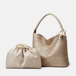 New Champagne <b>Gold</b> Woven Tote Elegant Large Capacity Bucket Shoulder Handbag for <b>Women</b> - Product Image 1