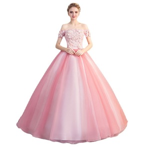 Pink Off The Shoulder Ball Gown Chiffon Long Dress Floral Print For Women Evening Party Performance Art Exam - Product Image 5