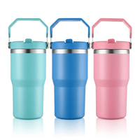 Gobelet isotherme portable en acier inoxydable de 20 oz avec revêtement en poudre, personnalisable, avec poignée, couvercle à clapet et paille, pour café, voyage, enfant