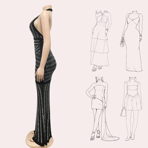 Robes pour femmes sexy en gros, jupe mode pour femmes, robe de soirée dos nu en V profond, robe longue sexy transparente ornée de diamants pour boîte de nuit - Product Image 3