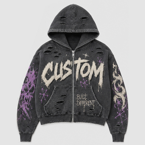 Wholesale Vintage Wash Zip Hoodie Floral Applique Graphic Embroidery Distressed Oversized Streetwear Custom Men Hoodie - Product Image 1