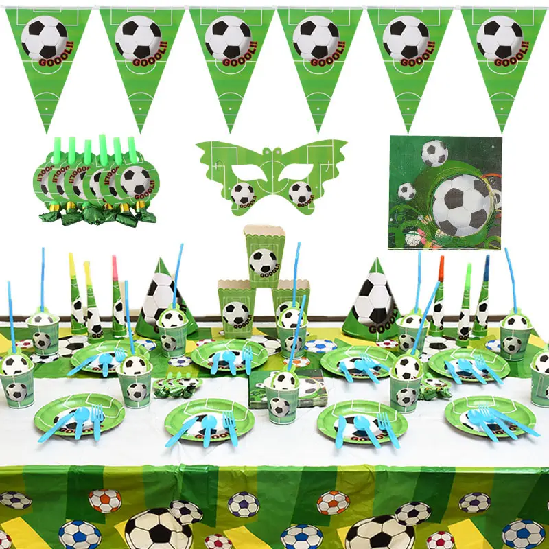 Ensemble de fête d'anniversaire pour enfants, dessin animé, vert, Football, vaisselle jetable, tasse en papier, décoration de bureau