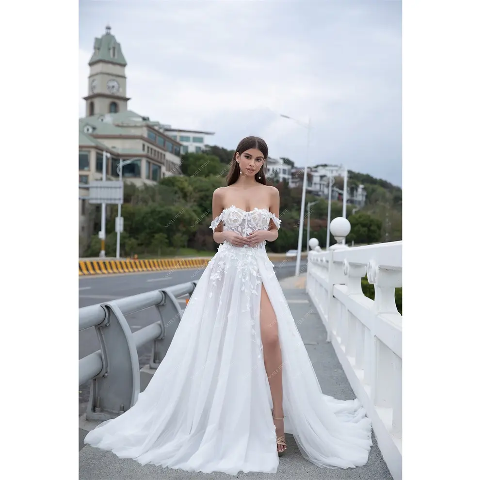 Women Off Shoulder Pearls Beaded 3D Flowers Lace Side Slit Sheer Wedding Dress
