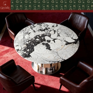 <span class=keywords><strong>Table</strong></span> ronde en marbre Calacatta Viola GOLDKING, base blanche, veines gris foncé et noires, nuances violettes, base en bois et métal, sur mesure - Product Image 6
