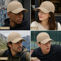 Casquette de baseball en sergé de coton beige avec logo personnalisé, 6 panneaux, réglable, brodée, unisexe, style vintage, vente en gros, OEM, faible MOQ