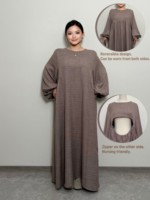 LM020 Abaya en lin crêpe texturé à manches bouffantes, design réversible, adaptée à la maternité, poche zippée, pour la prière islamique