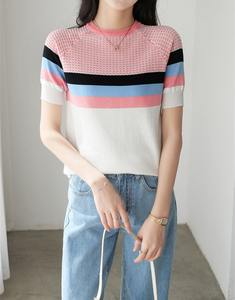 Nuovo maglione estivo coreano a contrasto in seta lavorato a maglia da <span class=keywords><strong>donna</strong></span> Pullover Slim Fit t-shirt tinta unita manica corta - Product Image 6