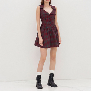 Custom Women's Summer Vintage <strong>Red</strong> <strong>Check</strong> French Sleeveless V-neck Cinched-waist Short <strong>Dress</strong> Manufacturer - Product Image 2