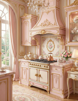 Meuble intégré rose crème de style français avec îlot de cuisine sculpté haut de gamme, armoires de cuisine de luxe sur mesure