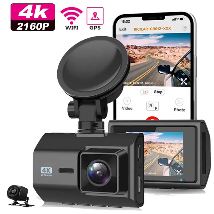 Kamera dasbor mobil 2 inci nirkabel, kamera dasbor 4k dengan Wifi Gps kamera dua lensa dvr depan dan belakang 4k