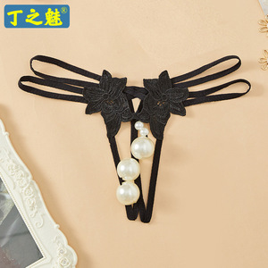Tanga Sexy de Perlas Ding Zhi Mei, Estilo Triángulo de Encaje Negro, Accesorio Íntimo para Mujer - Product Image 1
