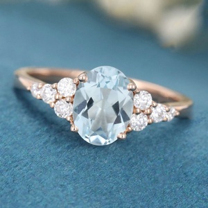 Gift Antique Wedding Women Cluster <b>Unique</b> Natural S925 Sterling Silver Oval Cut Aquamarine Vintage <b>Engagement</b> <b>Ring</b> Rhodium - Product Image 1