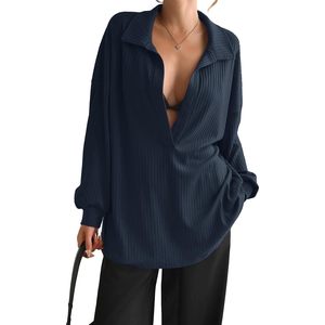 Fisoew Suéter de punto acanalado con cuello en V profundo para mujer, top informal de manga larga, color azul marino, para otoño - Product Image 1