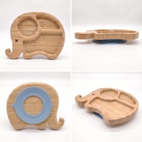 Ensemble d'assiettes divisées en bambou en forme d'éléphant pour tout-petits avec cuillère et fourchette, base d'aspiration en silicone, bavoir d'alimentation en silicone assorti pour enfants
