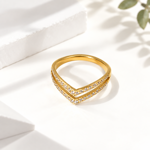 Gold <b>Stainless</b> <b>Steel</b> Cubic Zirconia Double Chevron <b>Ring</b> with 14K Gold Vacuum Plating - Product Image 1