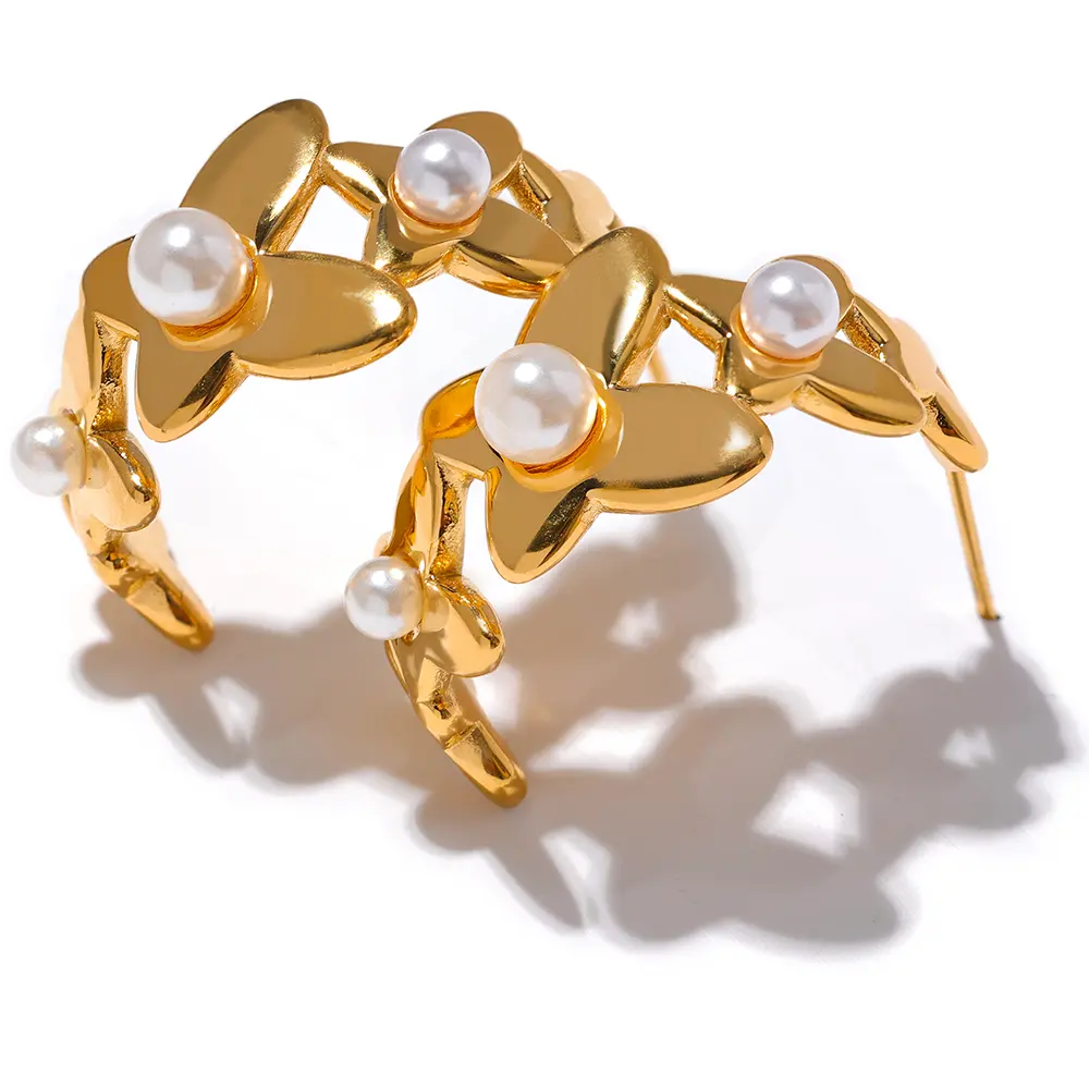 JINYOU 1576 Elegant Imitation Pearls Butterfly Flower Earrings Gold Stainless Steel Stylish Charm Korean Chic Sweet Jewelry