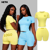 Ensemble de yoga 2 pièces pour femme : T-shirt côtelé à manches courtes et short taille haute, séchage rapide, tenue de sport d'été, vente en gros, logo personnalisé