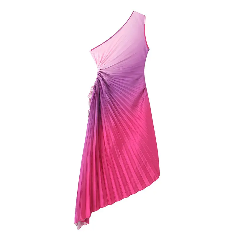 Autumn and Winter New Sexy Backless Asymmetrical Pleated Gradient Color Sleeveless Waist Elegant Dress