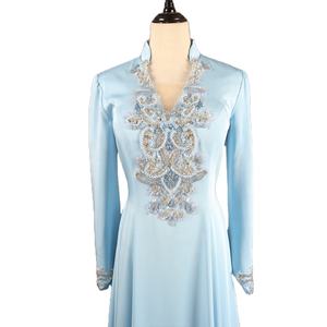 Gaun pesta malam kerah tinggi lengan panjang Muslim elegan grosir gaun Prom berlian imitasi kristal bermanik mewah payet - Product Image 3