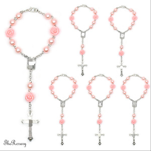 Bracelet de prière en perles roses, croix en argent sterling 925, bijoux religieux unisexe - Product Image 1