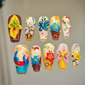 <span class=keywords><strong>Uñas</strong></span> Postizas <span class=keywords><strong>de</strong></span> Diseño Floral Tropical 3D con Diamantes y Mariposas, Coloridas, Estilo Francés, para Venta al Por Mayor - Product Image 6